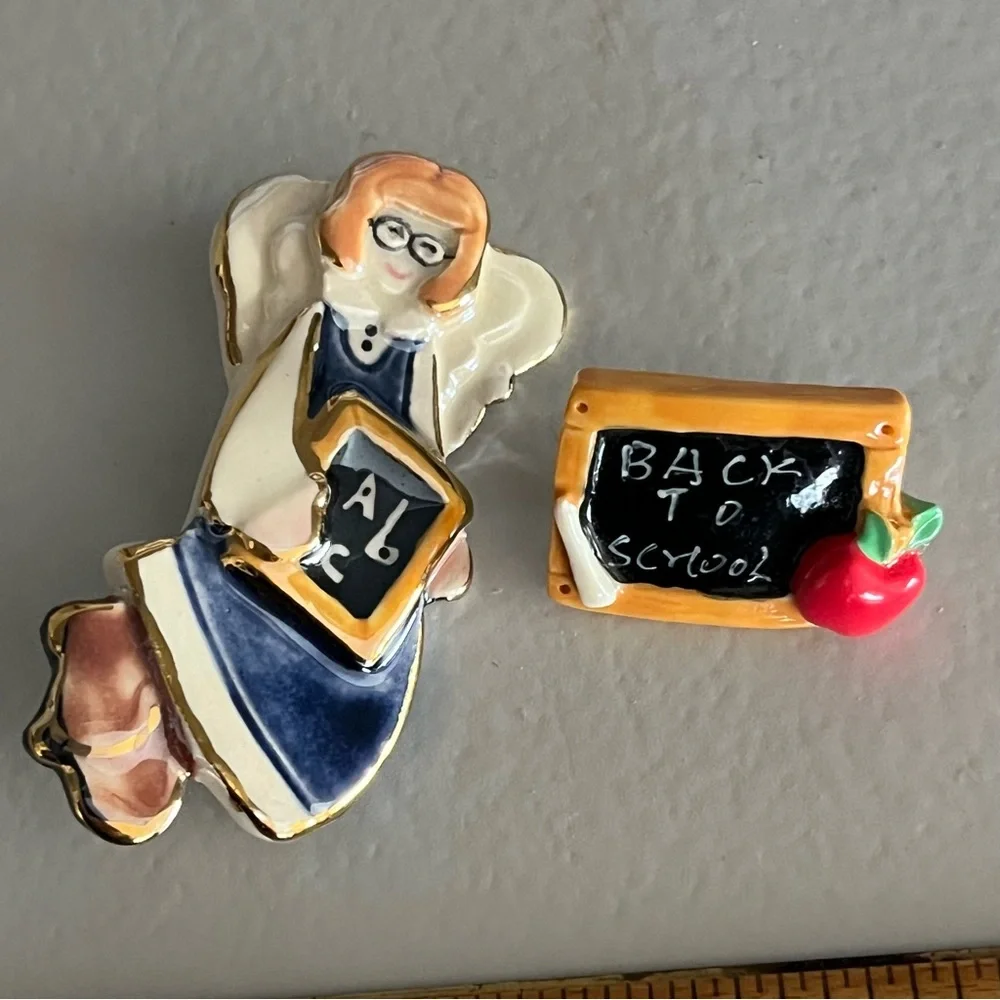 2 Teacher Angel Set Pin Brooch Iridescent School Teacher Chalkboard gift Vintage